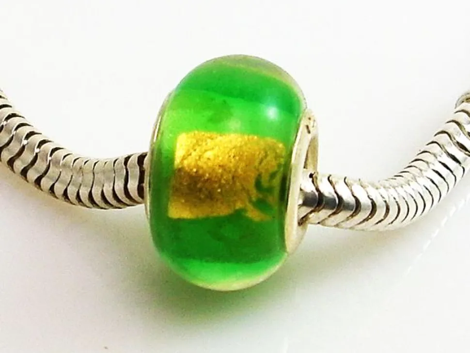 Abalorio De Plata Murano Verde Y Dorado