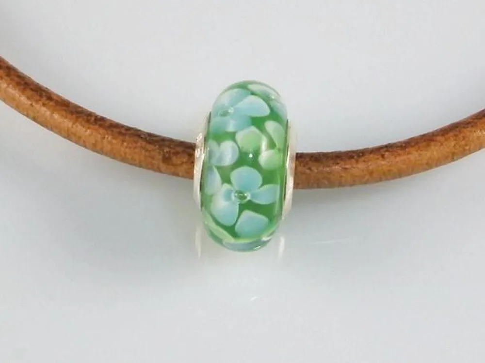 Outlet Abalorio Murano Flores Verdes, Celestes Y Plata De Ley