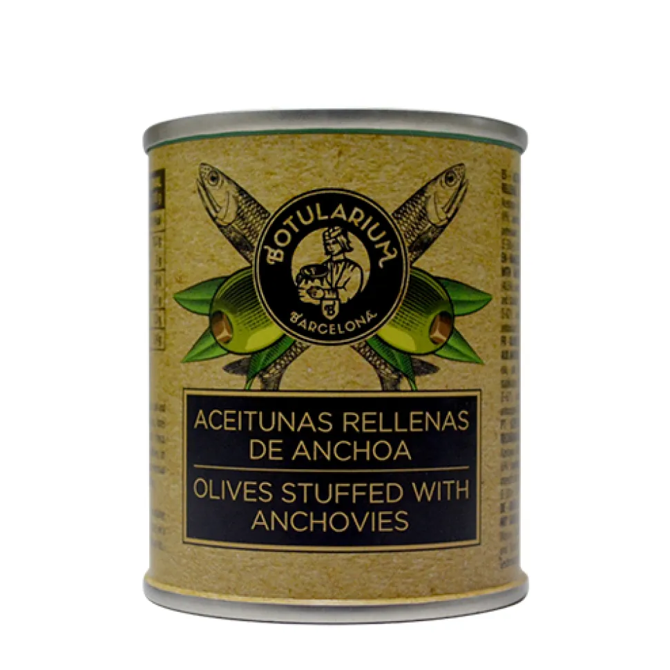 Aceitunas rellenas de anchoa y Aceitunas rellenas de pimiento Botularium (Pack con 5 latitas minibar de cada)