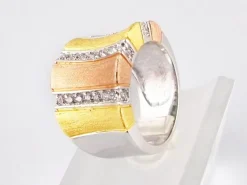 Anillo Bandas Doradas, Rosa Y Circonitas En Plata De Ley