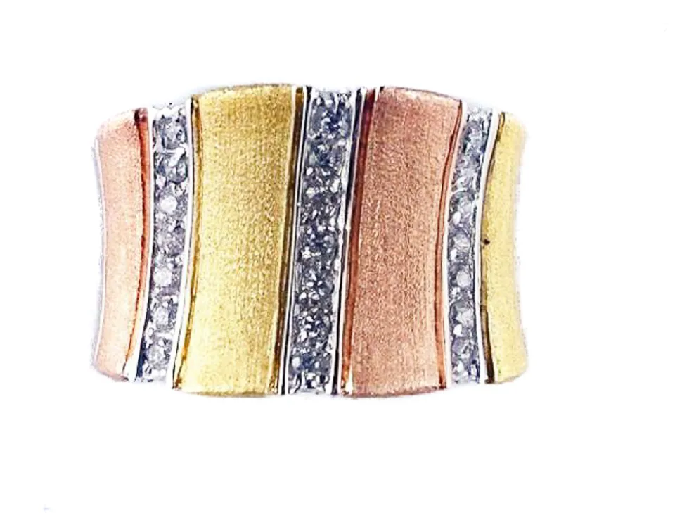 Anillo Bandas Doradas, Rosa Y Circonitas En Plata De Ley