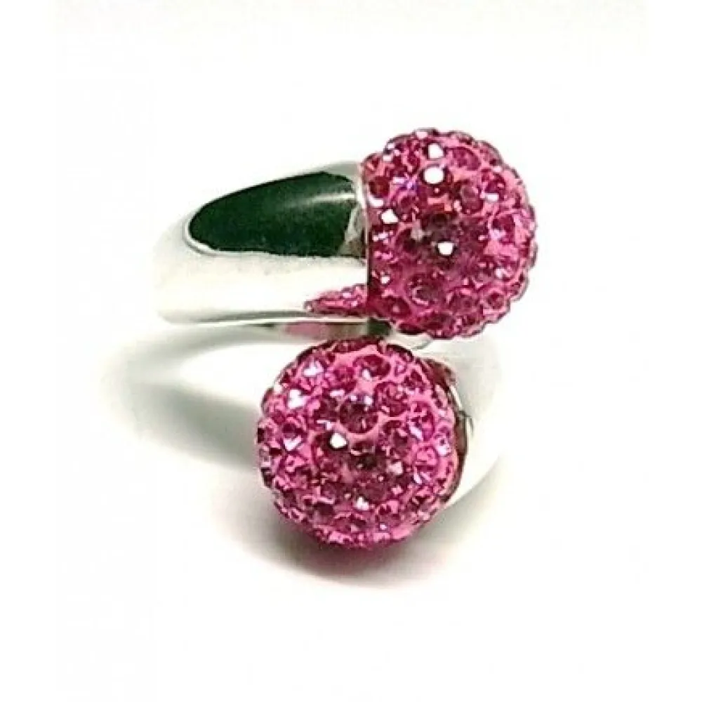 Clearance Anillo En Plata De Ley Con Bolas De Cristal Rosas