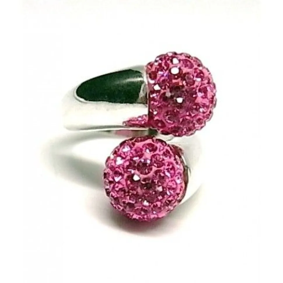 Anillo En Plata De Ley Con Bolas De Cristal Rosas
