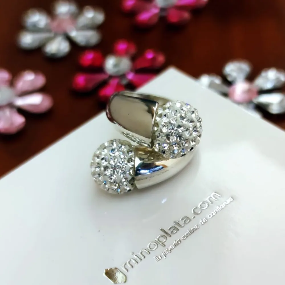 Hot Anillo En Plata De Ley Con Bolas De Cristal Blancas