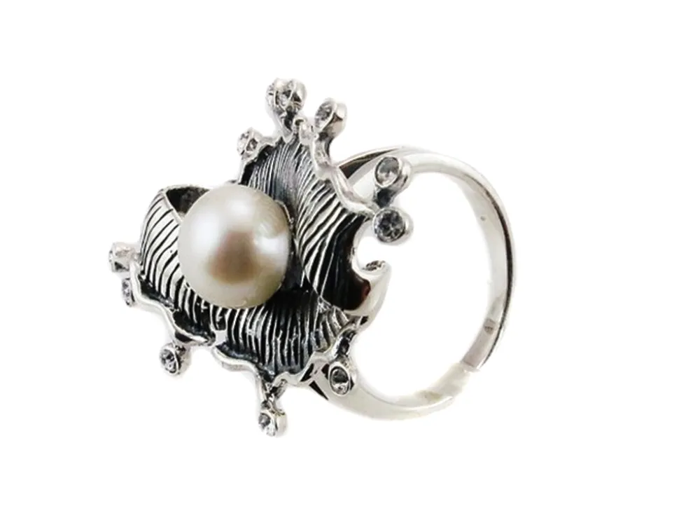 Anillo Plata De Ley Vieja Con Perla Y Circonitas Blancas