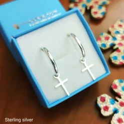 New Aros De Plata De Ley 17 Mm Con Cruz Colgante