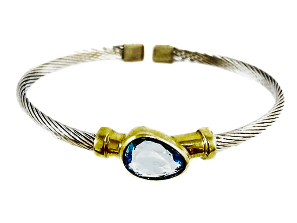 Brazalete De Acero Y Plata Dorada Con Piedra Azul