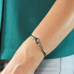 Brazalete De Acero Y Plata Dorada Con Piedra Azul