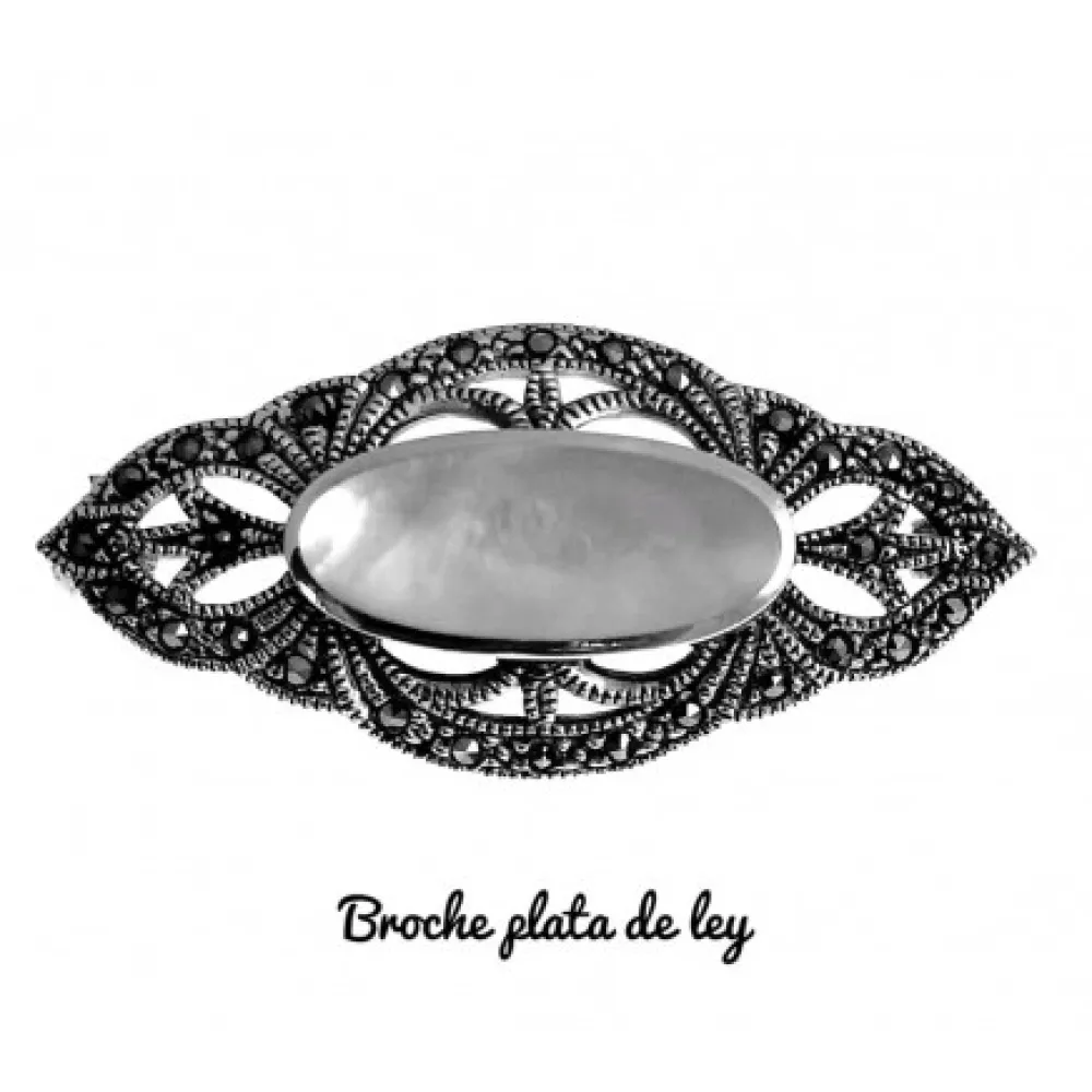 Broche De Plata Con Marcasitas Y Nácar