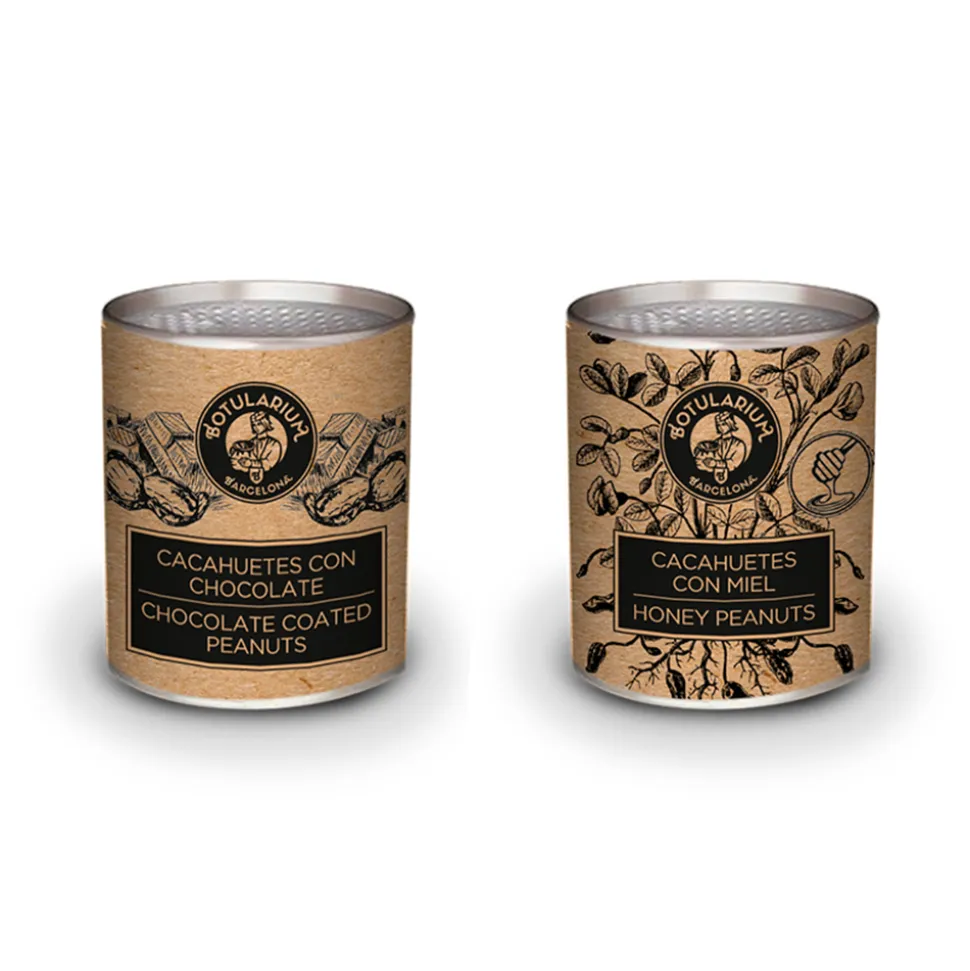Cacahuete recubierto de chocolate y Cacahuete salado con miel (Pack con 5 latitas minibar de cada)