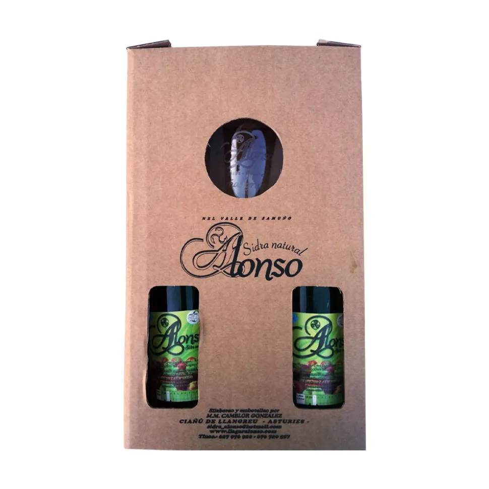 Caja de 2 Botellas de 70 cl de Sidra Natural Tradicional + 1 vaso grabado "Alonso"