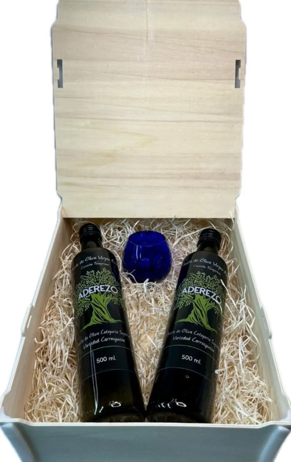 Caja de madera con 2 botellas de Aceite de 500 ml. y vaso de cata de AOVE oficial