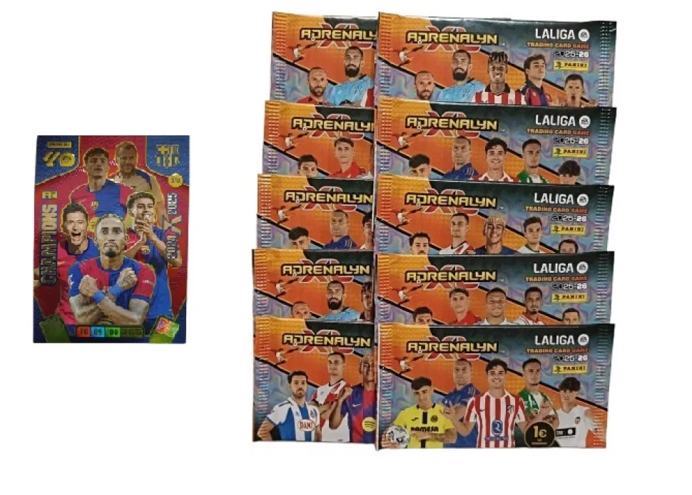 Champions FC Barcelona 24 25 + 10 sobres normales Adrenalyn XL 2025 2026 Carta Colección Panini