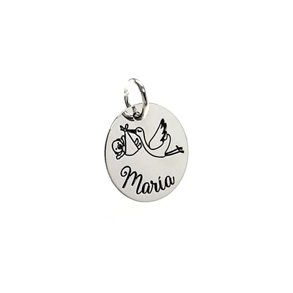 Colgante Cigüeña 18 Mm. De Plata Personalizado Con Nombre