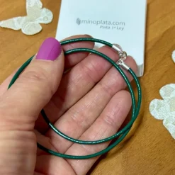 Cordon De Piel Verde Claro Y Plata De Ley 40 Cm.