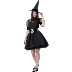 Disfraz Bruja Hechicera Sexy Malvada - Vestido Corto Negro con Sombrero para Mujer Adulto