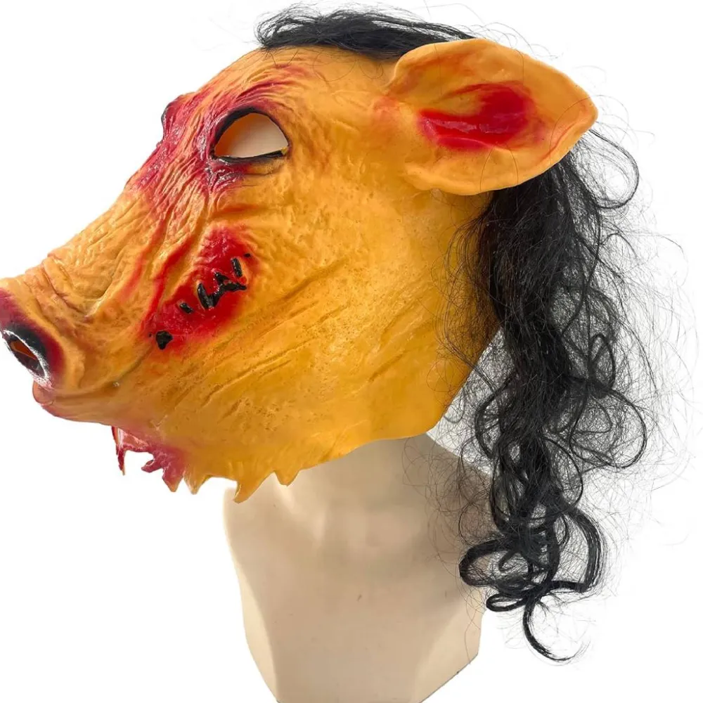 Online Kebedo Moda Disfraz Cerdo Macabro del Terror Máscara SAW en Látex con Capa de 140 cm