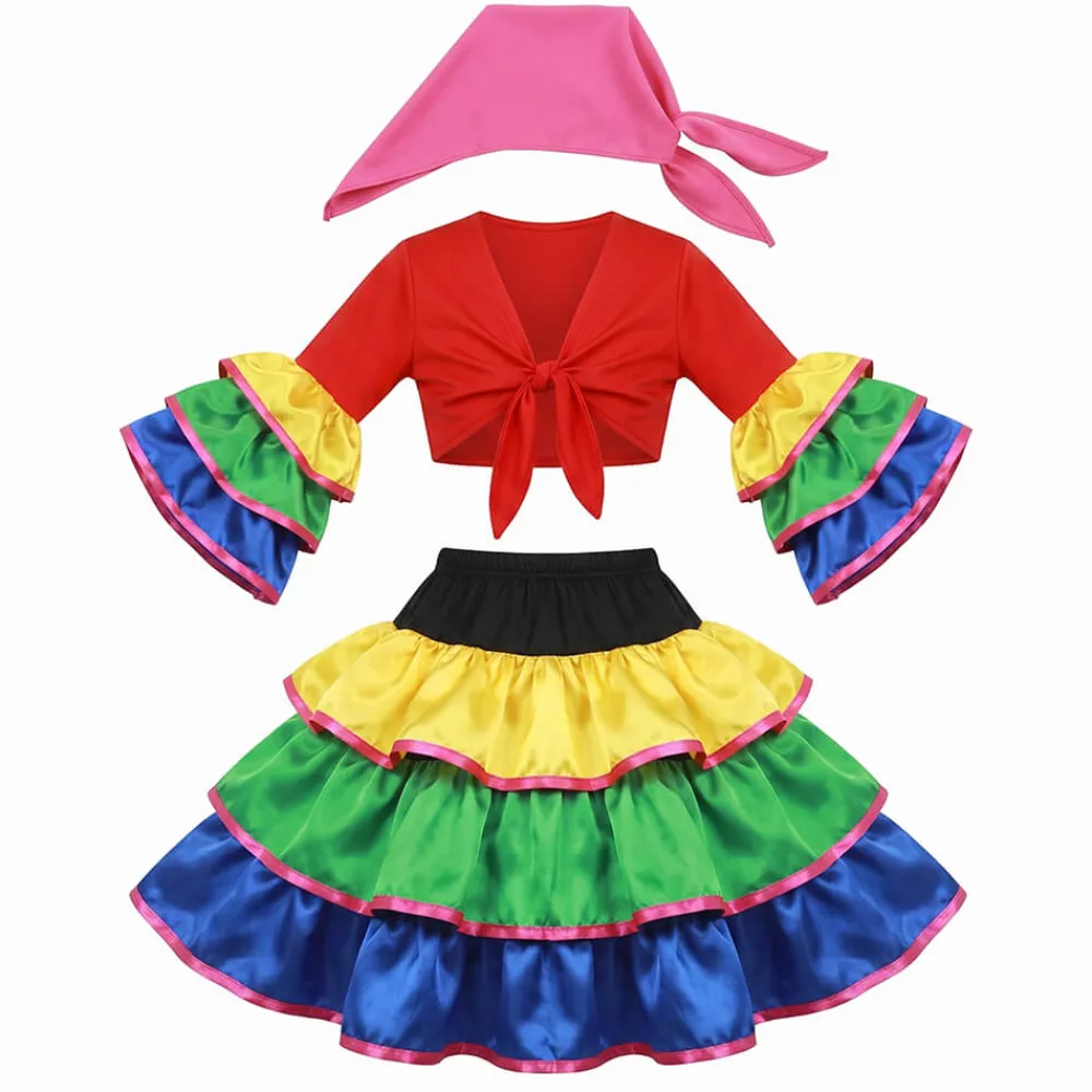 Clearance Disfraces Lucero Disfraz de Brasileña Infantil – Traje de Rumbera y Samba Tropical (Falda, Camisa y Pañuelo)