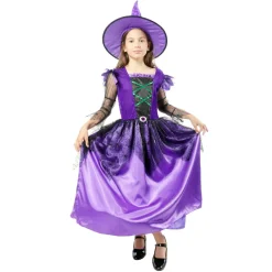 Kebedo Moda Disfraz de Bruja Vestido con Sombrero Lila para niñas - Talla 3 a 12 Años