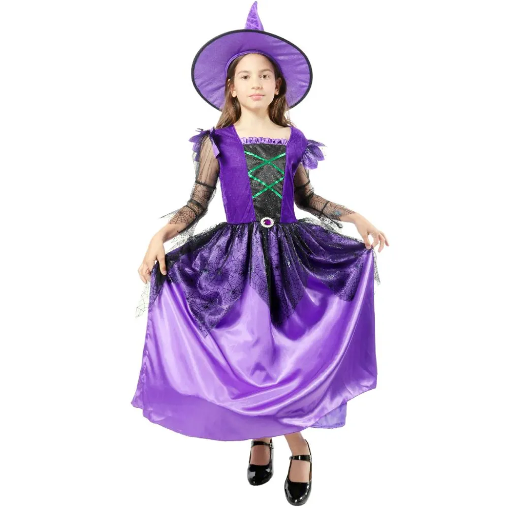 Kebedo Moda Disfraz de Bruja Vestido con Sombrero Lila para niñas - Talla 3 a 12 Años