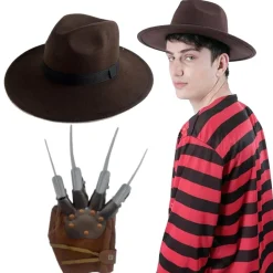 Outlet Kebedo Moda Disfraz de Freddy Krueger Hombre Adulto - Máscara de Látex Camisa Garra Sombrero Marrón