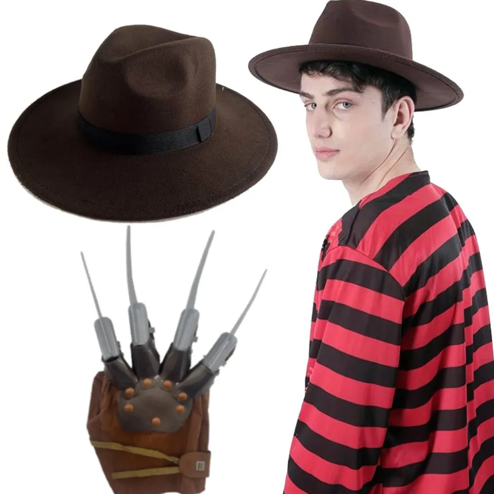 Outlet Kebedo Moda Disfraz de Freddy Krueger Hombre Adulto - Máscara de Látex Camisa Garra Sombrero Marrón