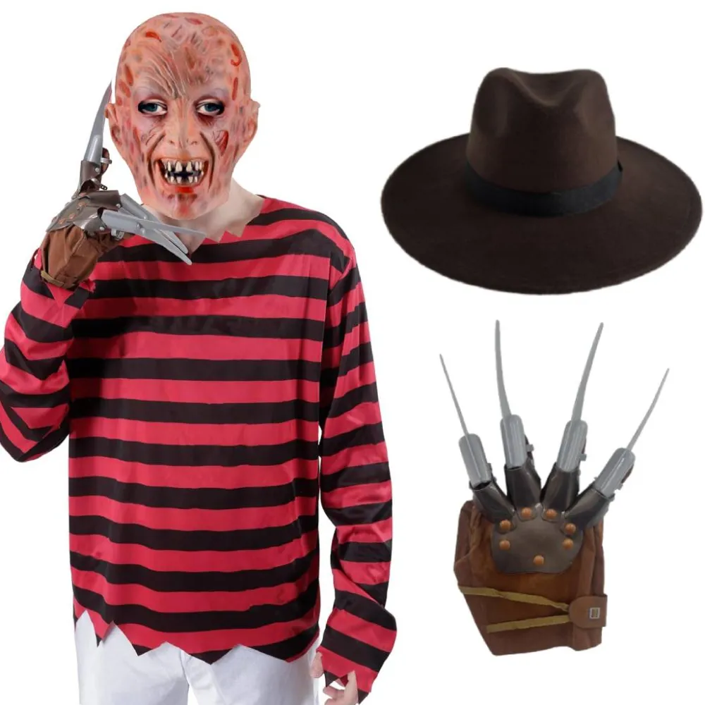 Outlet Kebedo Moda Disfraz de Freddy Krueger Hombre Adulto - Máscara de Látex Camisa Garra Sombrero Marrón