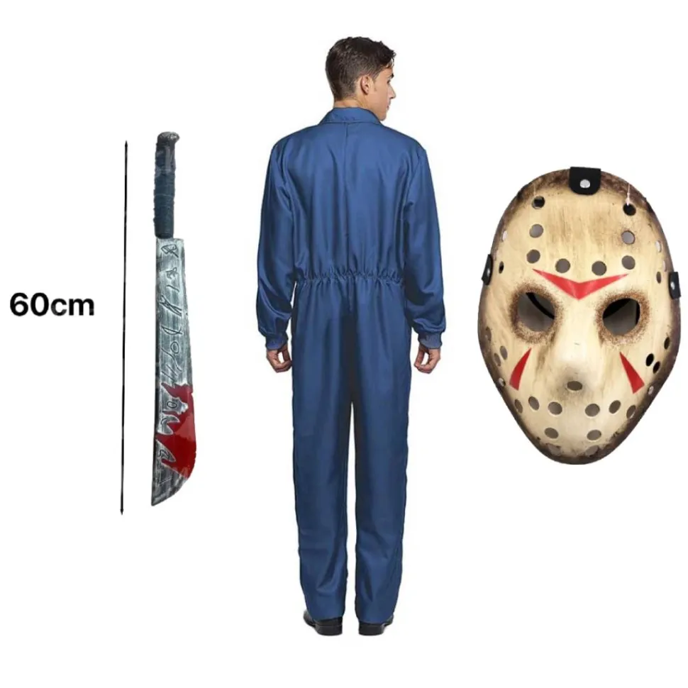 Disfraz de Terror de Jason Voorhees Adulto - Mono y Máscara de Hockey con Machete Falso