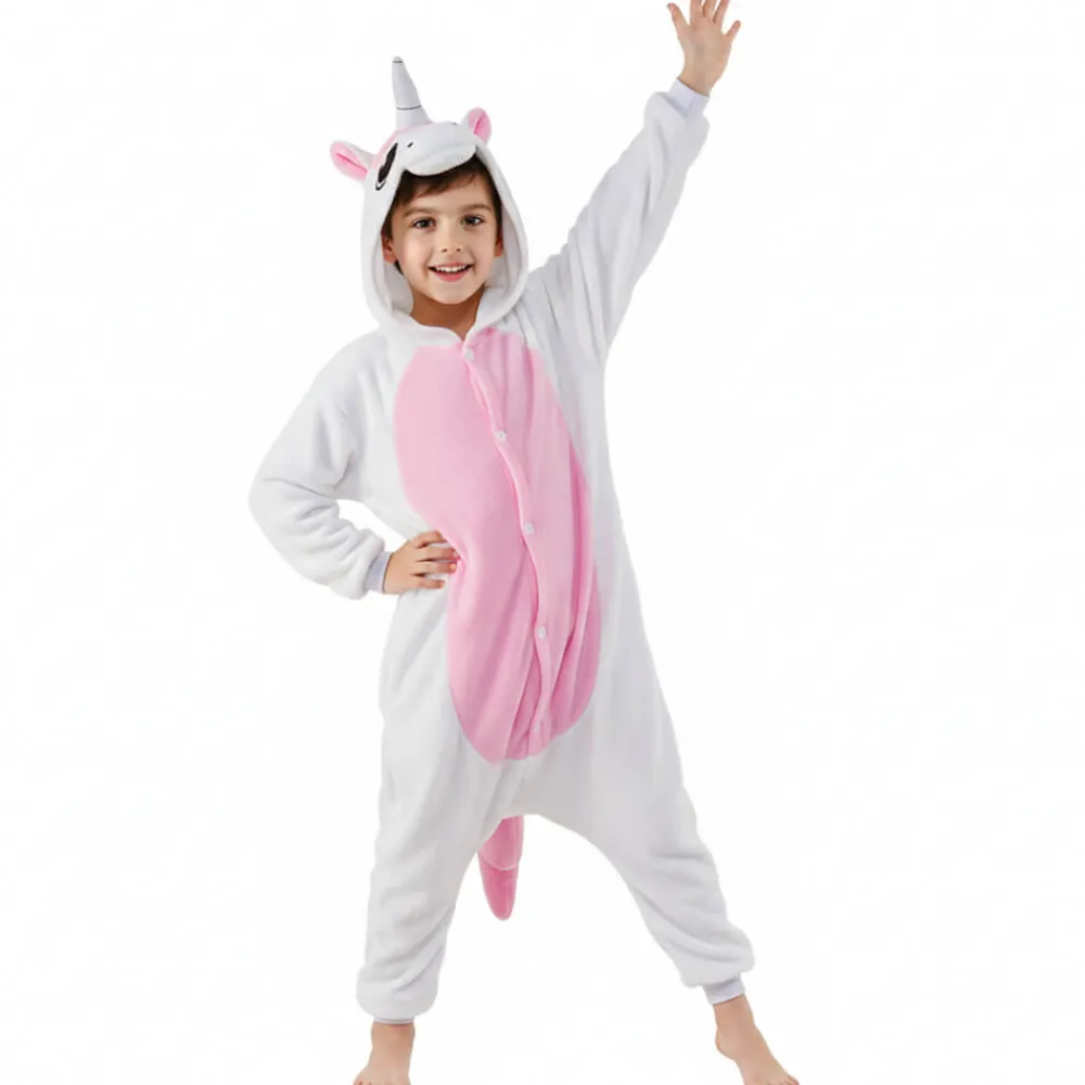 Discount Partilandia Disfraz de Unicornio Infantil – Mono Kigurumi Rosa Claro y Blanco