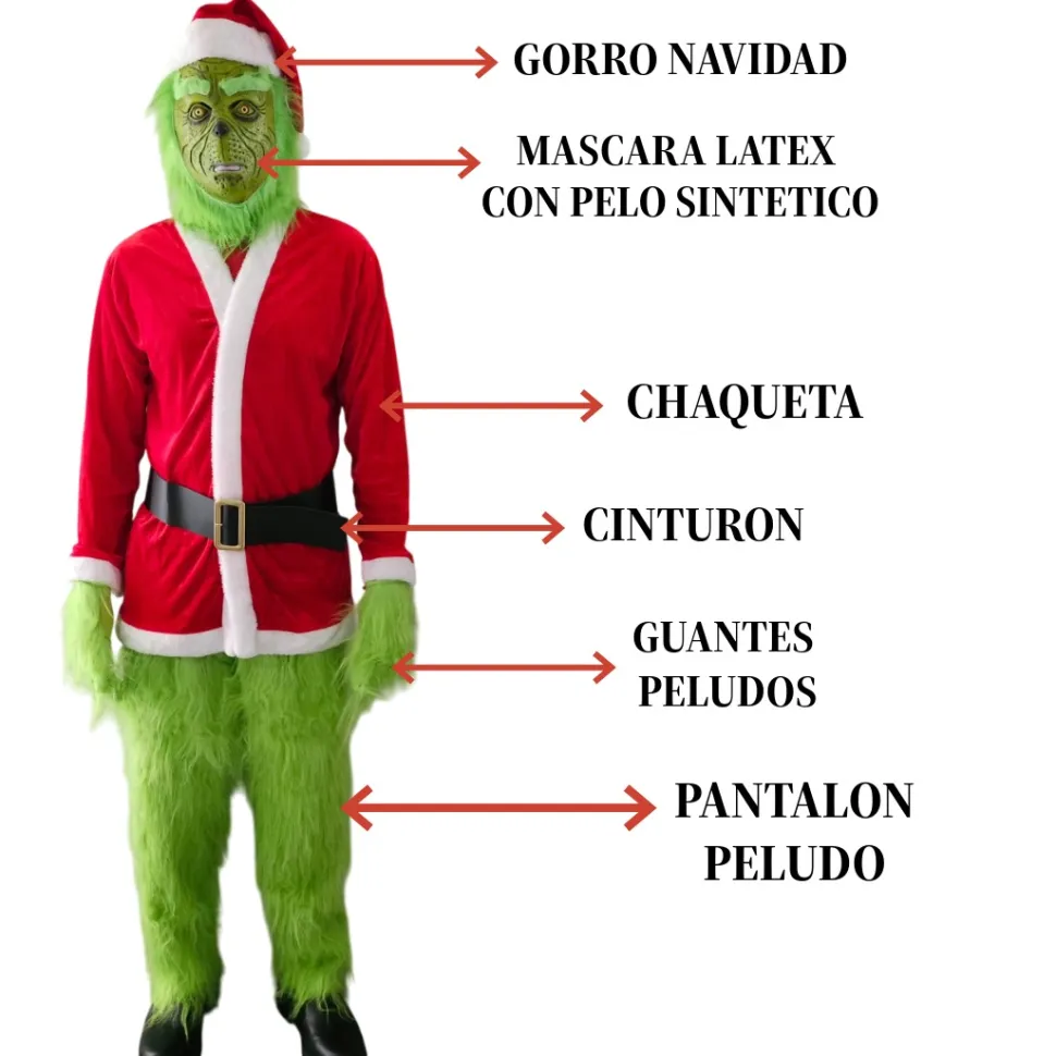 Disfraz El Grinch Duende Verde Peludo con Traje de Navidad Adulto