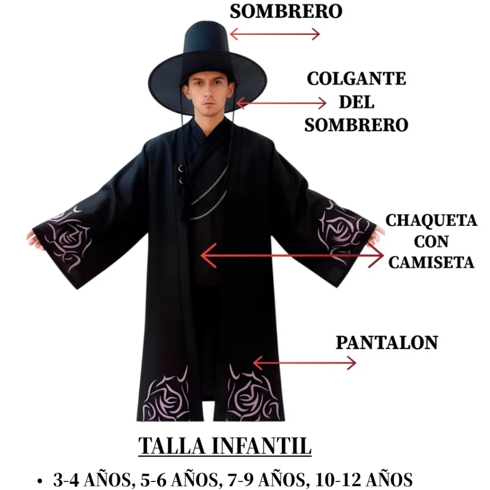 Disfraz Guerrero K-Pop Infantil con Sombrero Gat y Túnica Negra
