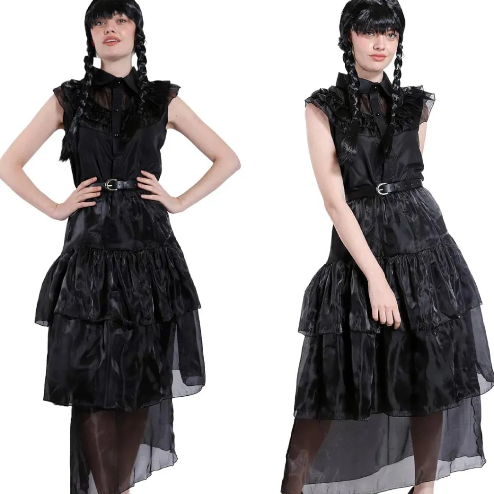 Disfraz Merlina Baile Miércoles Addams Mujer - Vestido Gala Gótico con Cinturón