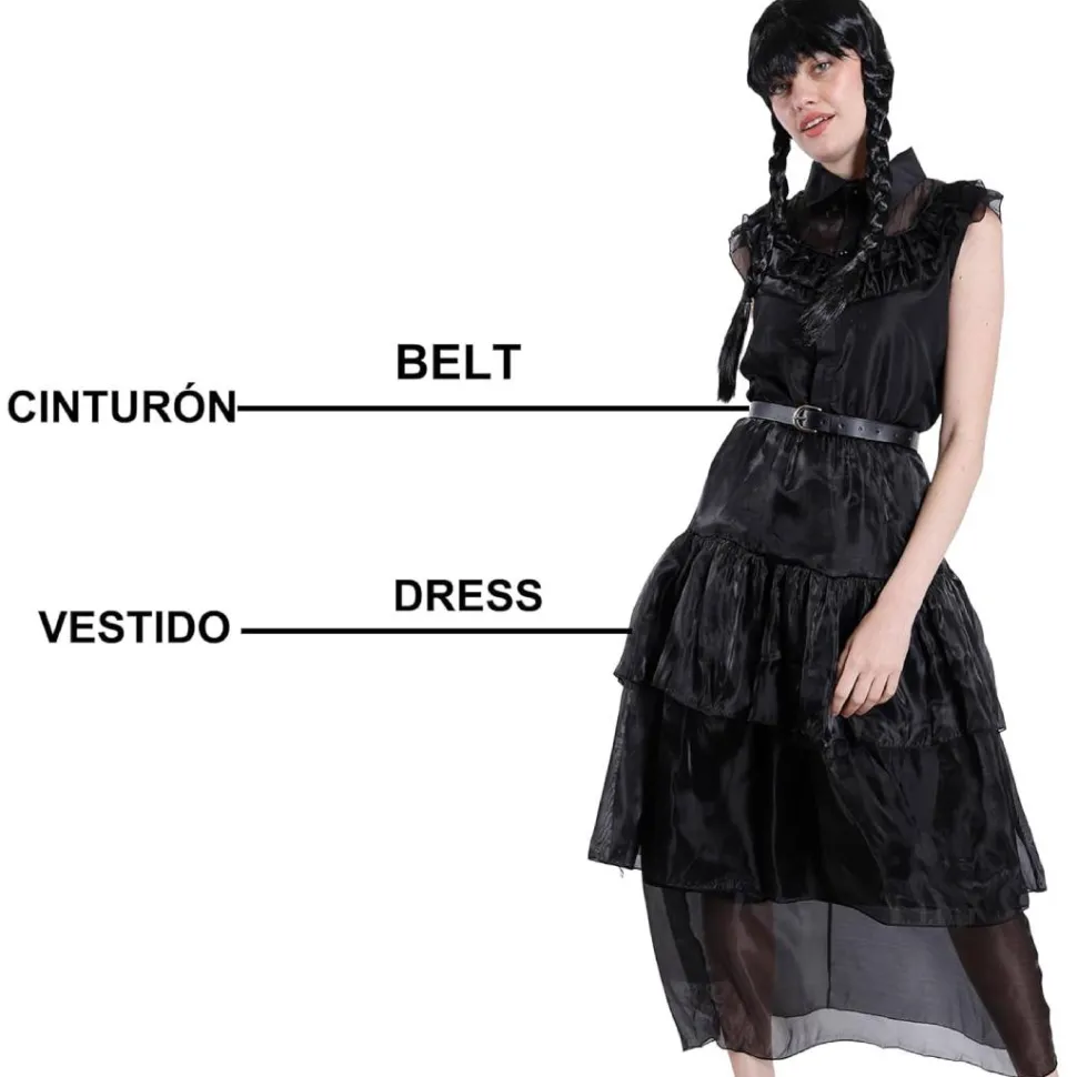 Disfraz Merlina Baile Miércoles Addams Mujer - Vestido Gala Gótico con Cinturón