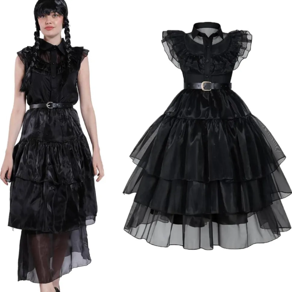 Disfraz Merlina Baile Miércoles Addams Mujer - Vestido Gala Gótico con Cinturón