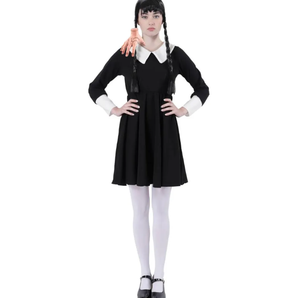 Best Kebedo Moda Disfraz Merlina Gótico Miércoles Addams - Vestido, La Mano de Látex, Peluca y Medias