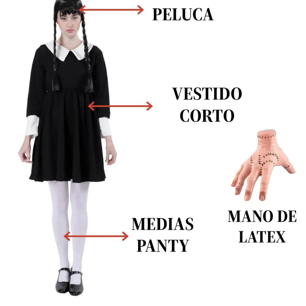 Best Kebedo Moda Disfraz Merlina Gótico Miércoles Addams - Vestido, La Mano de Látex, Peluca y Medias