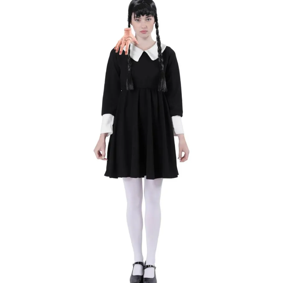 Disfraz Merlina Gótico Película Miércoles Addams Vestido Negro con Mano de látex Adulto