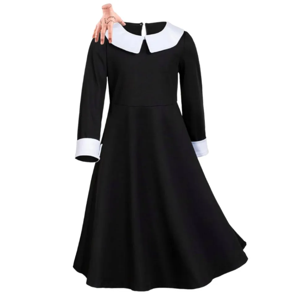 Disfraz Merlina Gótico Película Miércoles Addams Vestido Negro con Mano de látex Adulto
