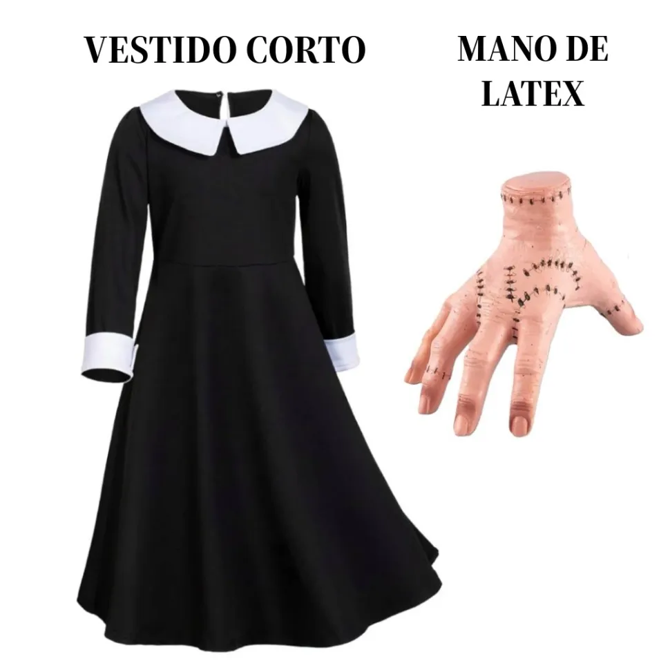 Disfraz Merlina Miércoles Addams con Mano de Látex Vestido Gótico Niñas
