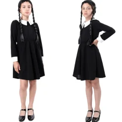 Disfraz Merlina Miércoles Addams con Mano de Látex Vestido Gótico Niñas