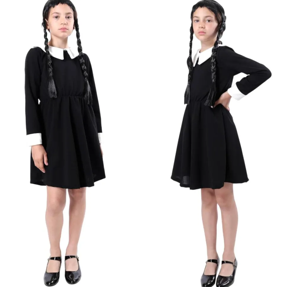 Disfraz Merlina Miércoles Addams con Mano de Látex Vestido Gótico Niñas
