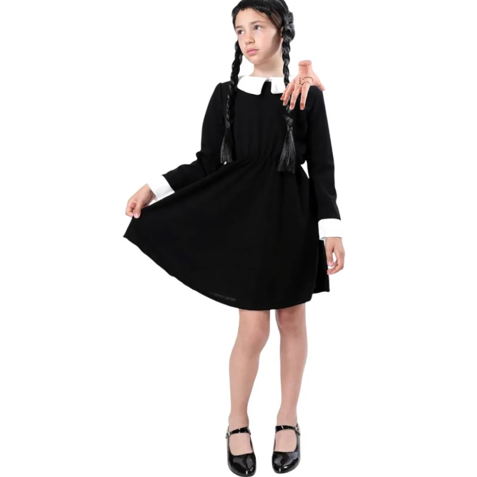 Disfraz Merlina Miércoles Addams con Mano de Látex Vestido Gótico Niñas
