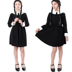 Hot Kebedo Moda Disfraz Miércoles Addams Peluca con Mano de Látex Vestido Gótico Merlina para Niñas