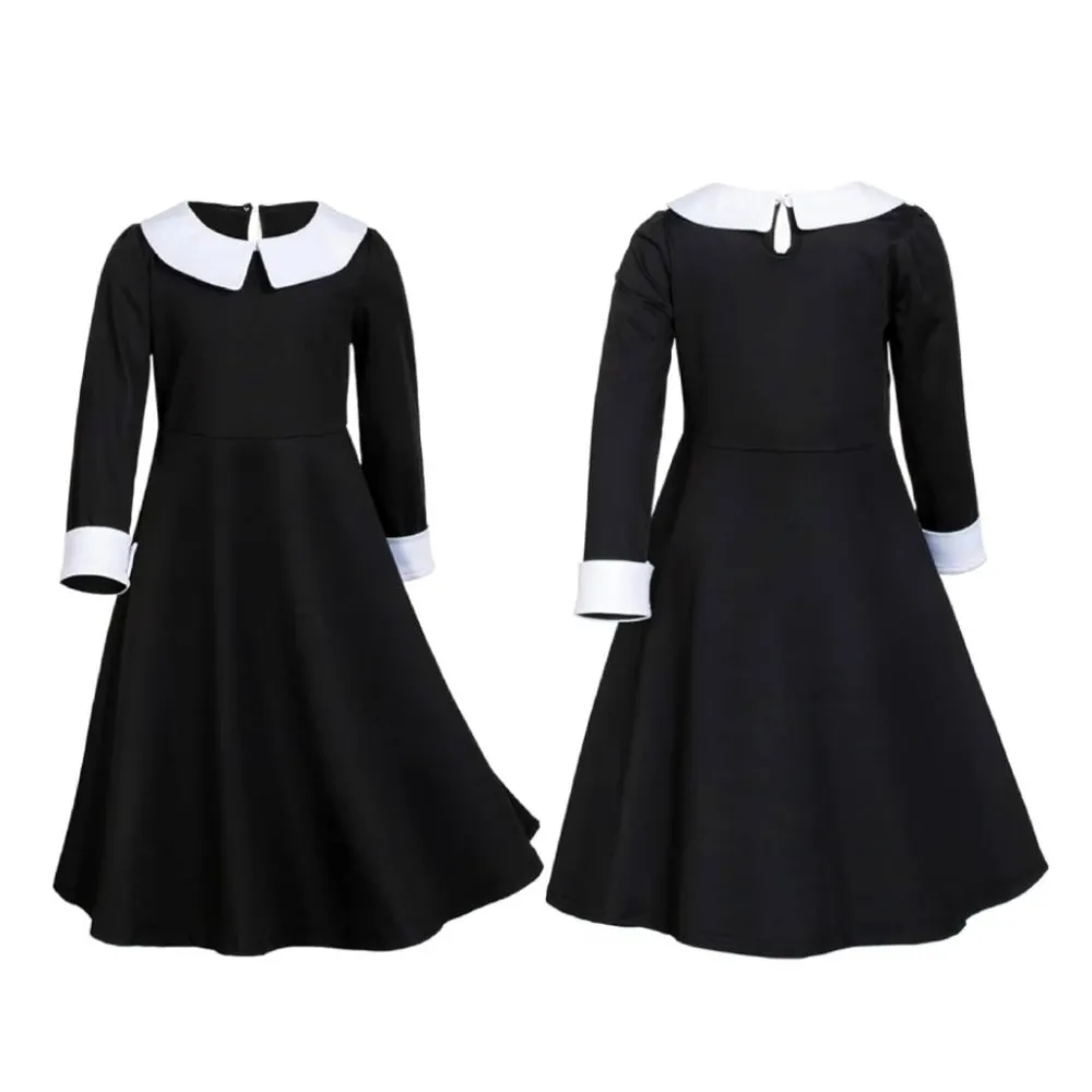 Hot Kebedo Moda Disfraz Miércoles Addams Peluca con Mano de Látex Vestido Gótico Merlina para Niñas