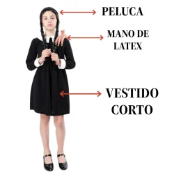 Hot Kebedo Moda Disfraz Miércoles Addams Peluca con Mano de Látex Vestido Gótico Merlina para Niñas