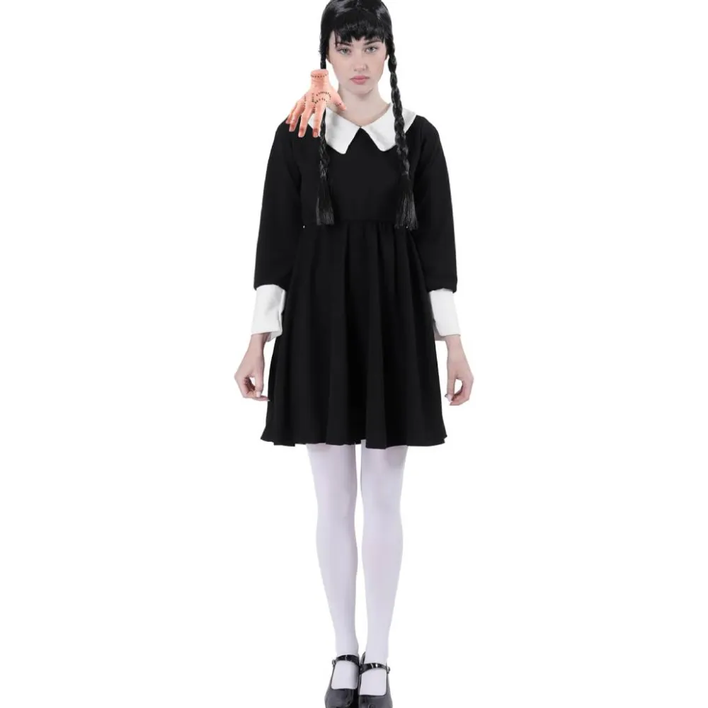 Discount Kebedo Moda Disfraz Miércoles Addams Vestido Gótico Merlina con Medias y Mano de Látex