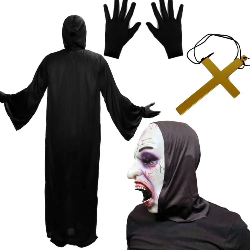 New Kebedo Moda Disfraz Monja Poseída Película de Terror - Túnica, Máscara látex, Guantes y Cruz para Adulto