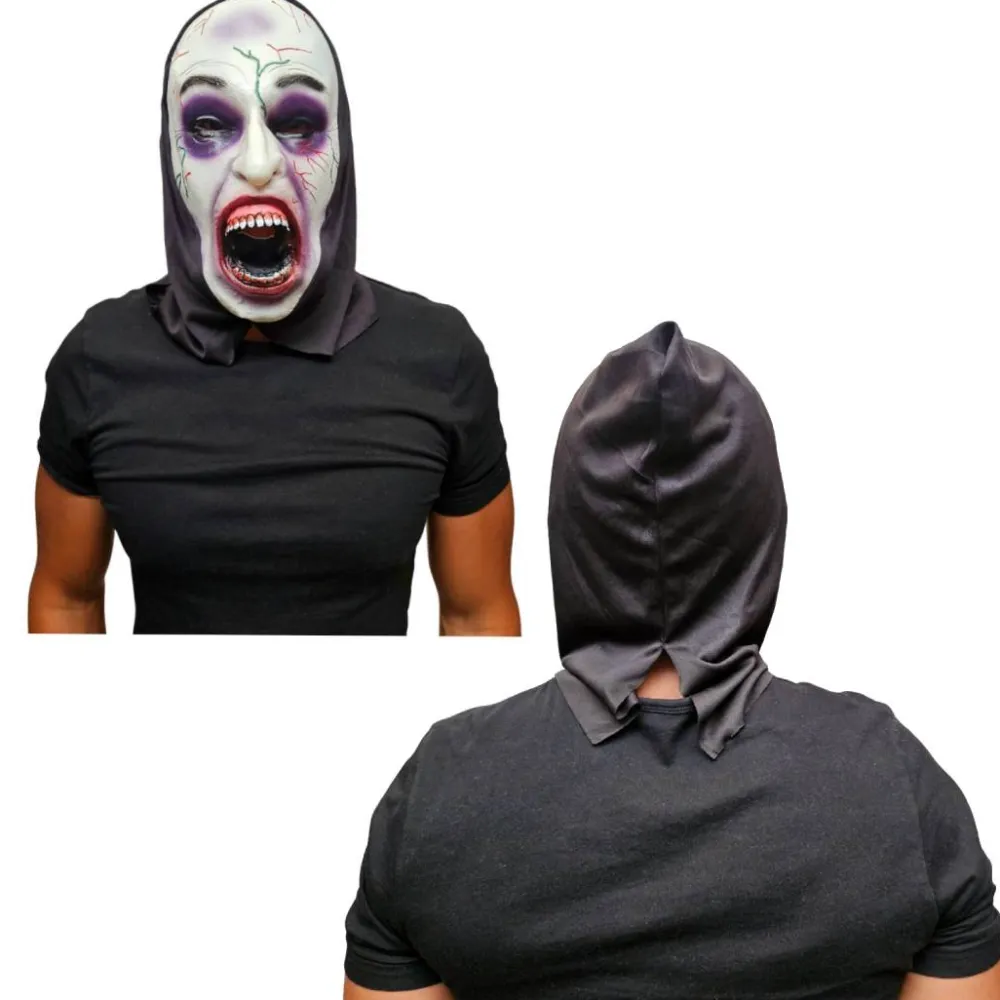 New Kebedo Moda Disfraz Monja Poseída Película de Terror - Túnica, Máscara látex, Guantes y Cruz para Adulto