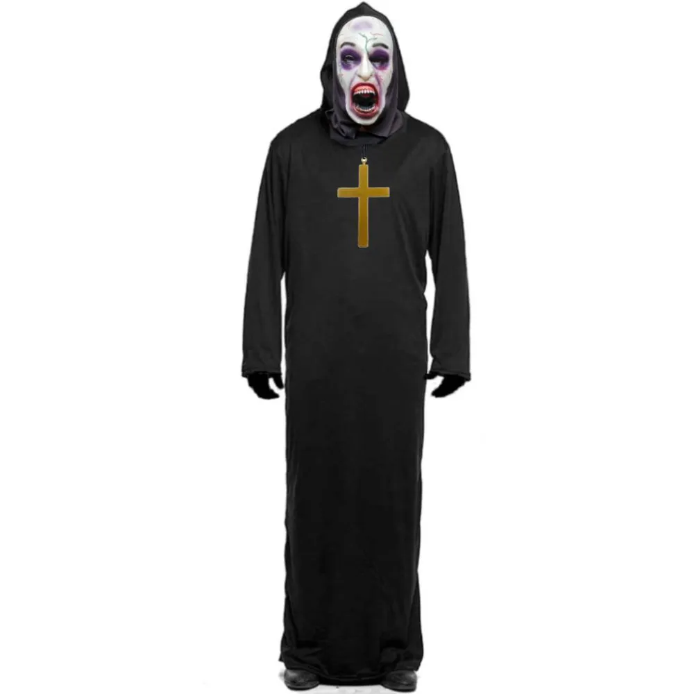 New Kebedo Moda Disfraz Monja Poseída Película de Terror - Túnica, Máscara látex, Guantes y Cruz para Adulto