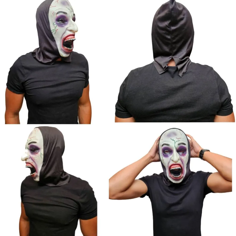 New Kebedo Moda Disfraz Monja Poseída Película de Terror - Túnica, Máscara látex, Guantes y Cruz para Adulto